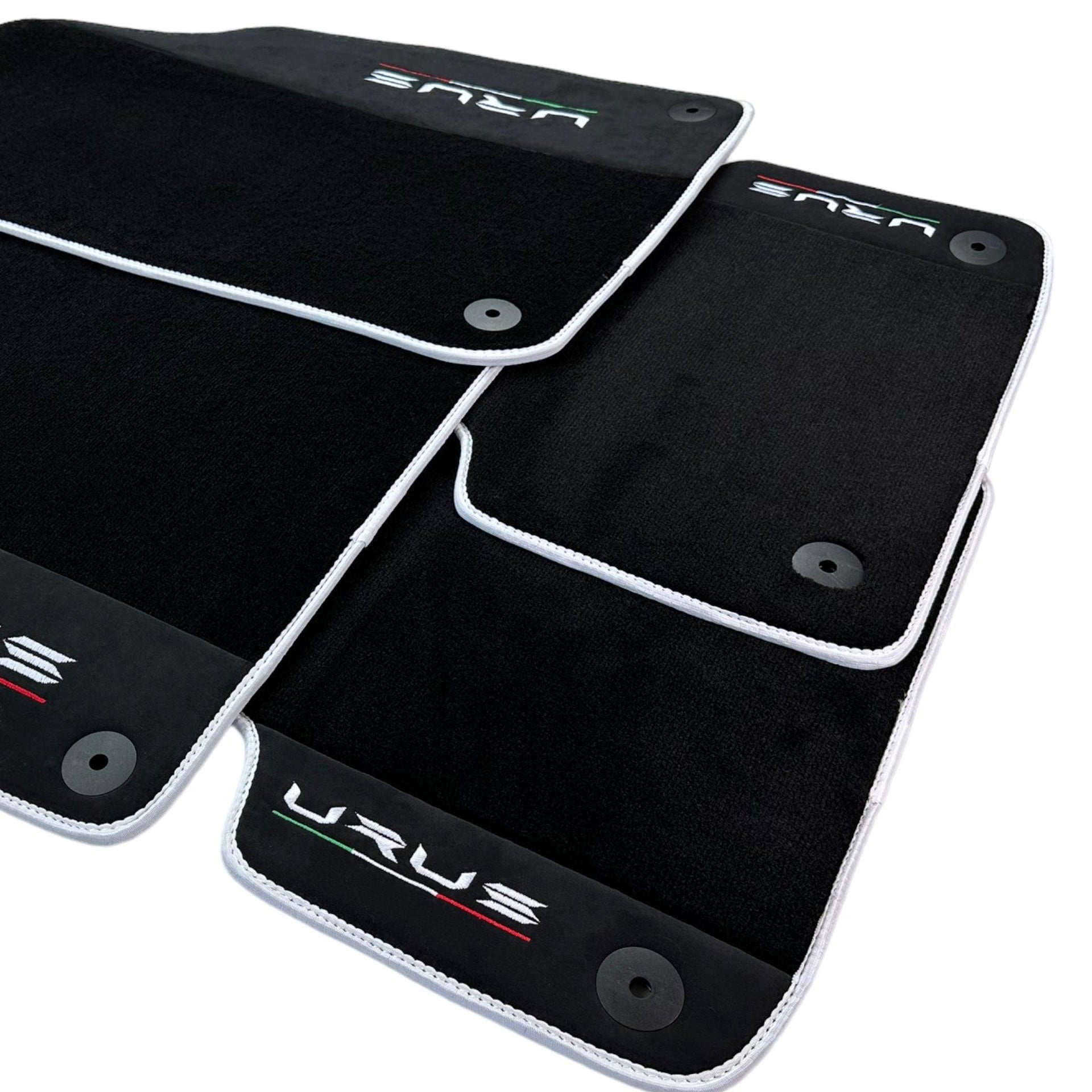 Black Floor Mats For Lamborghini Urus With Alcantara Leather White Trim - AutoWin