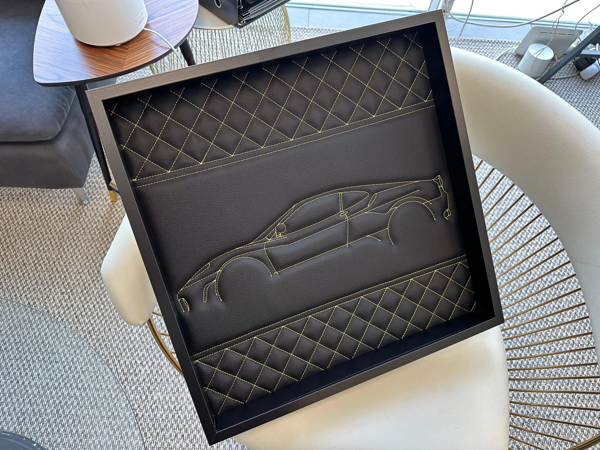 Black Leather Ferrari 458 Inspired Wall Art: Embroidered Yellow Stitch Luxury Decor - AutoWin