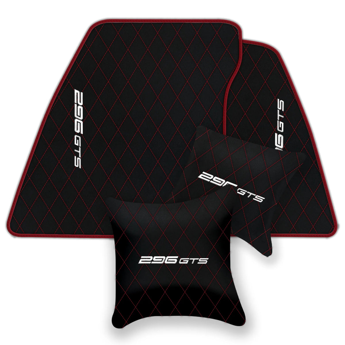 Black Leather Floor Mats for Ferrari 296 GTS (2022-2027) with Single Diamond Pattern | Full Set Option