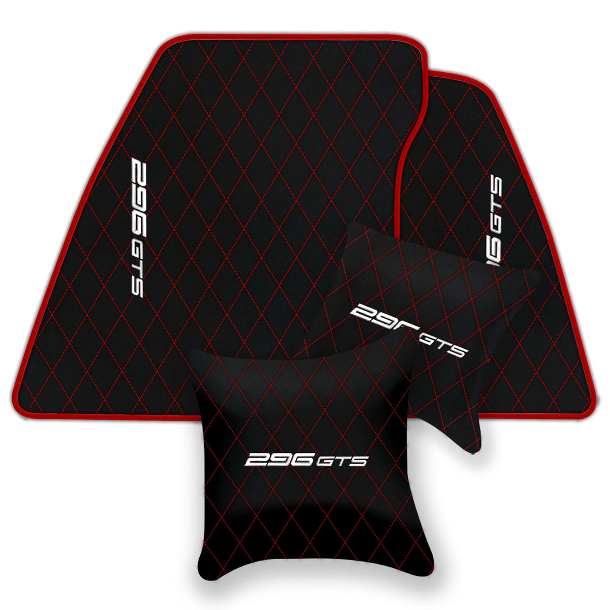 Black Leather Floor Mats for Ferrari 296 GTS (2022-2027) with Single Diamond Pattern | Full Set Option