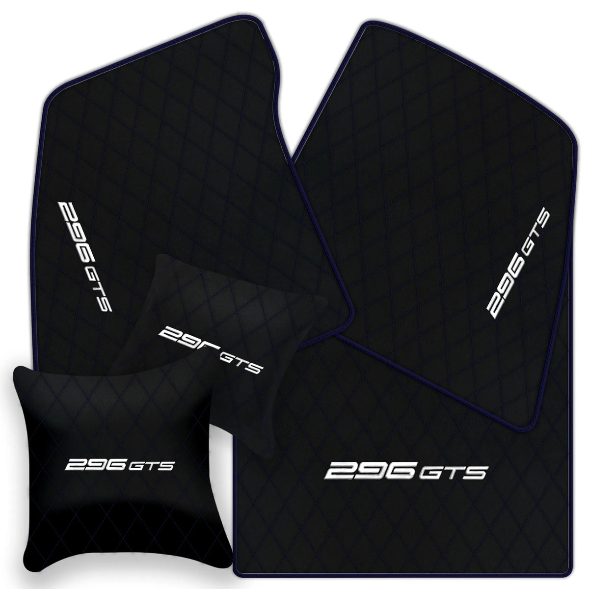 Black Leather Floor Mats for Ferrari 296 GTS (2022-2027) with Single Diamond Pattern | Full Set Option