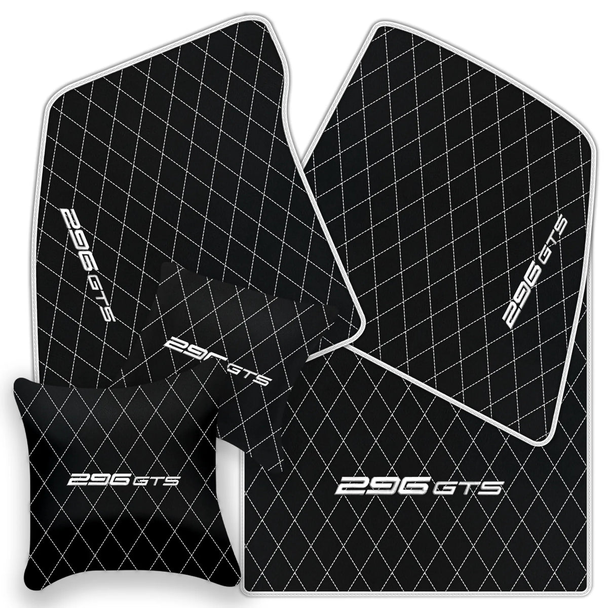 Black Leather Floor Mats for Ferrari 296 GTS (2022-2027) with Single Diamond Pattern | Full Set Option