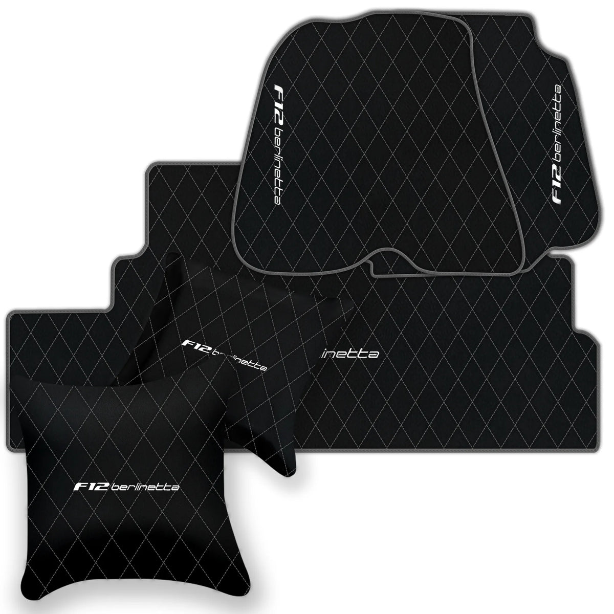 Black Leather Floor Mats for Ferrari F12 Berlinetta (2012-2022) with Single Diamond Pattern | Full Set Option