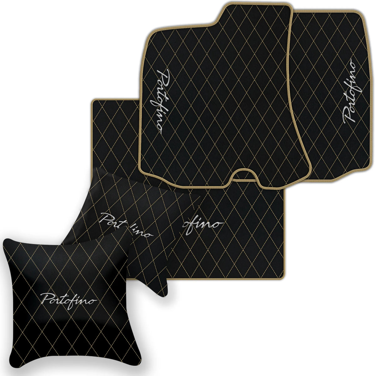 Black Leather Floor Mats for Ferrari Portofino (2018-2023) with Single Diamond Pattern | Full Set Option