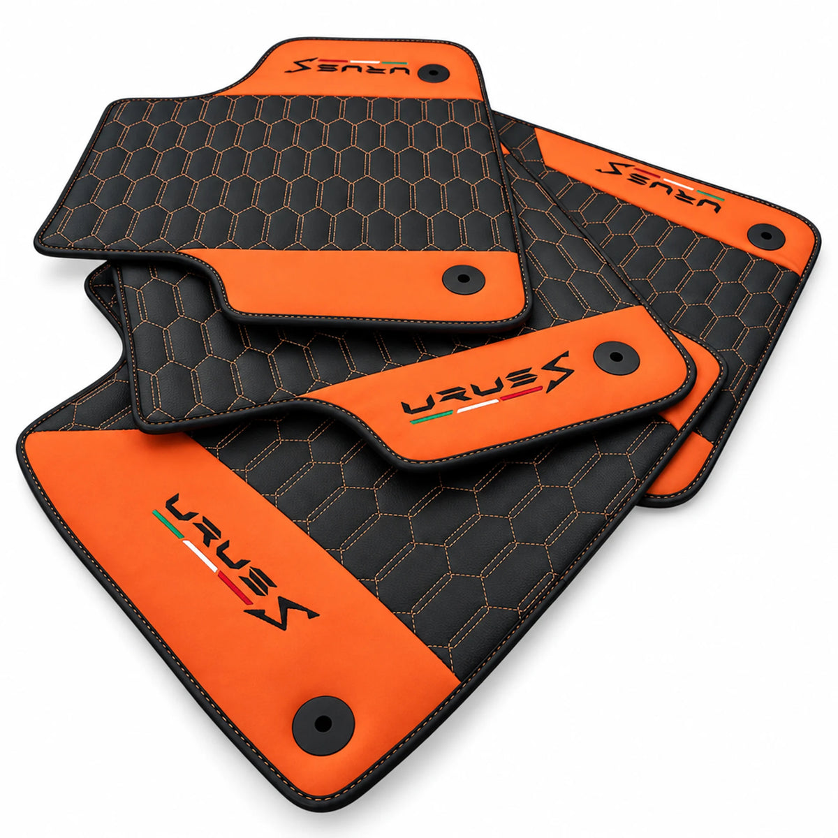 Black Leather Floor Mats For Lamborghini Urus S With Orange Nappa Leather - AutoWin