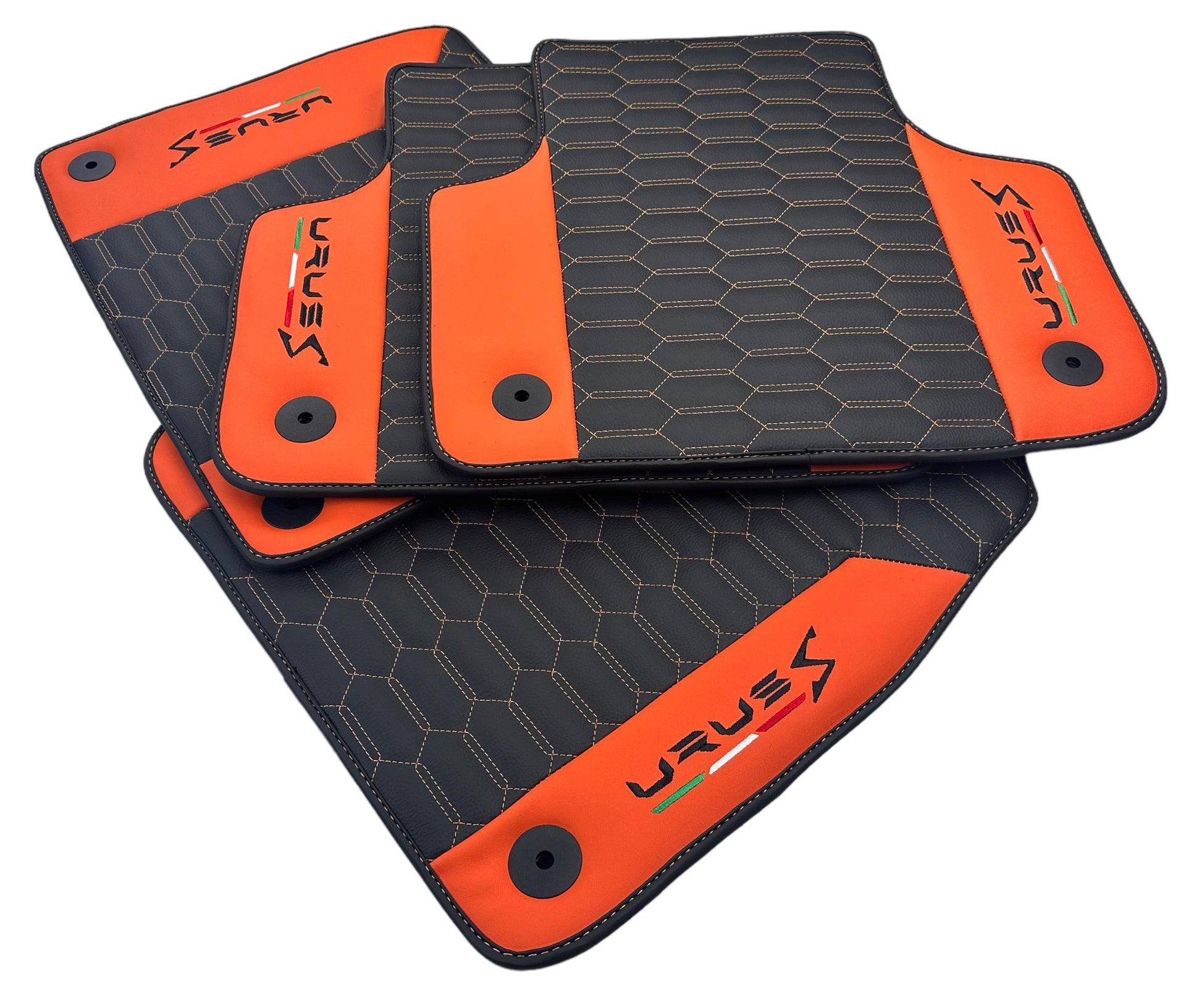 Black Leather Floor Mats For Lamborghini Urus S With Orange Nappa Leather - AutoWin