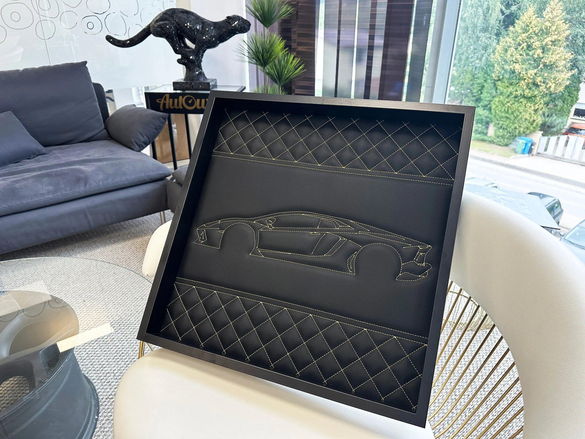 Black Leather Lamborghini Huracan Inspired Wall Art: Embroidered Yellow Stitch Luxury Decor - AutoWin