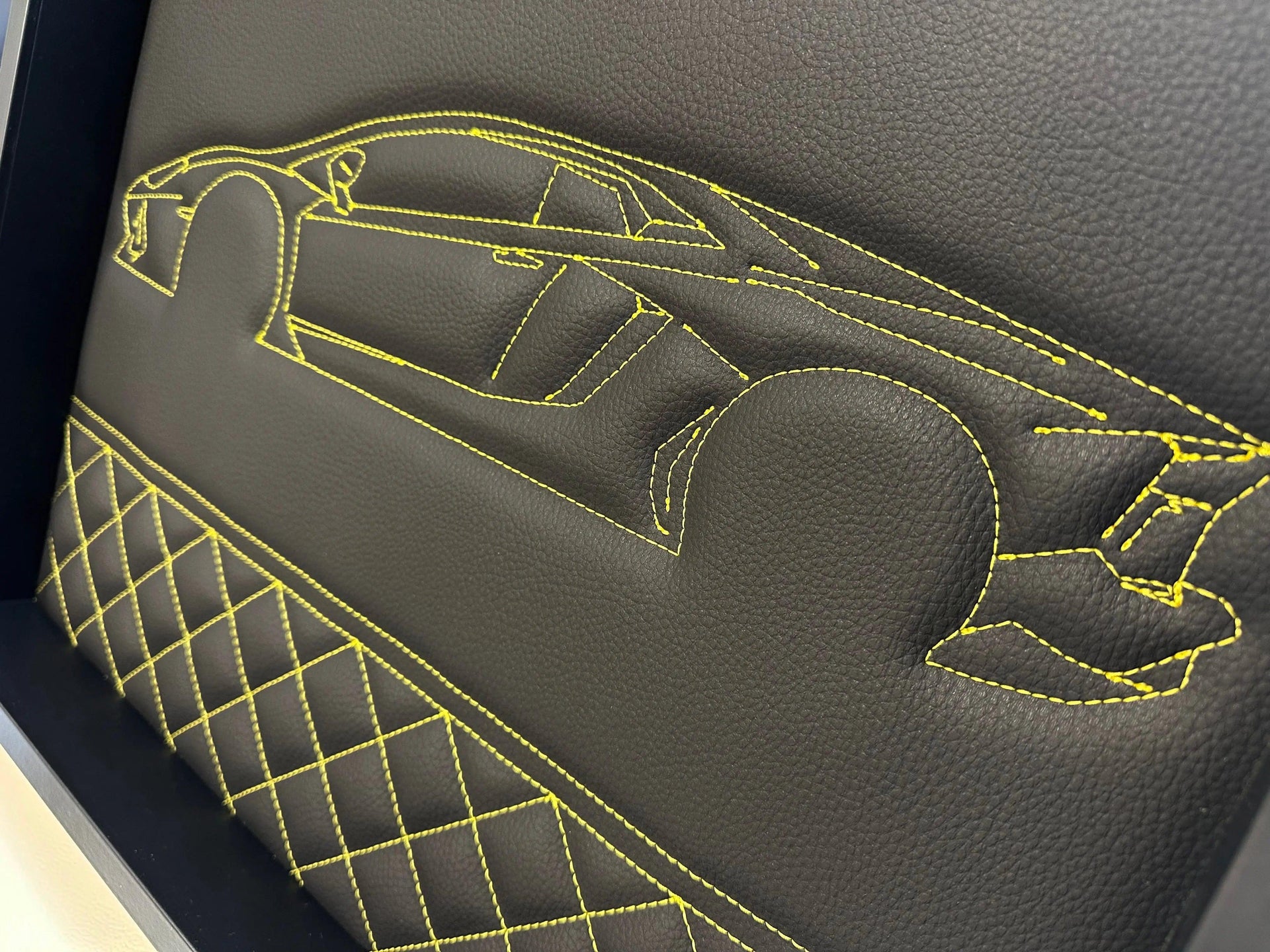 Black Leather Lamborghini Huracan Inspired Wall Art: Embroidered Yellow Stitch Luxury Decor - AutoWin