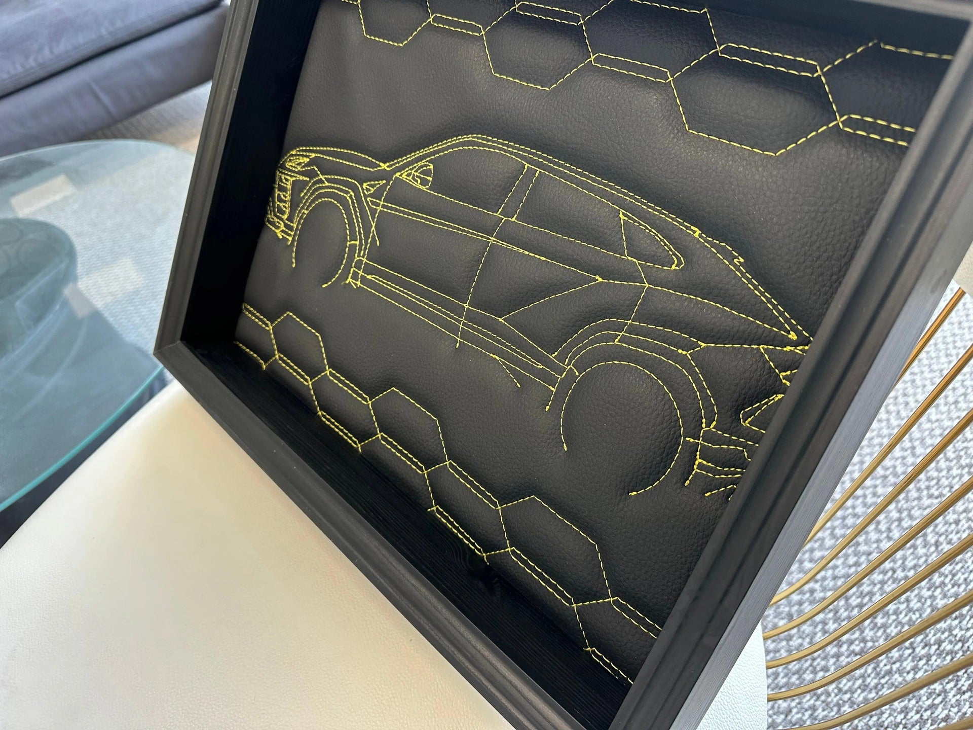 Black Leather Lamborghini Urus Inspired Wall Art: Embroidered Yellow Stitch - AutoWin
