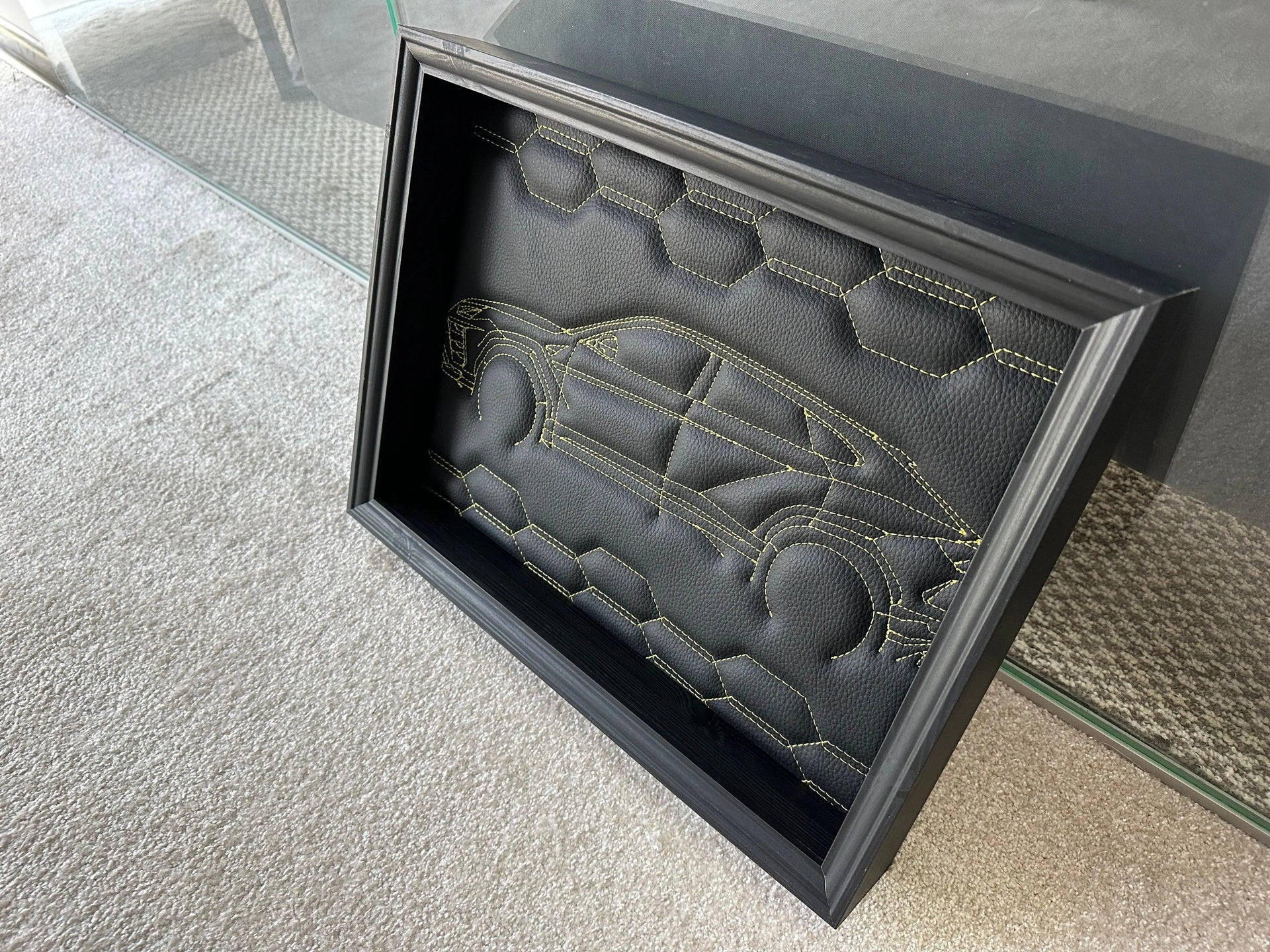Black Leather Lamborghini Urus Inspired Wall Art: Embroidered Yellow Stitch - AutoWin