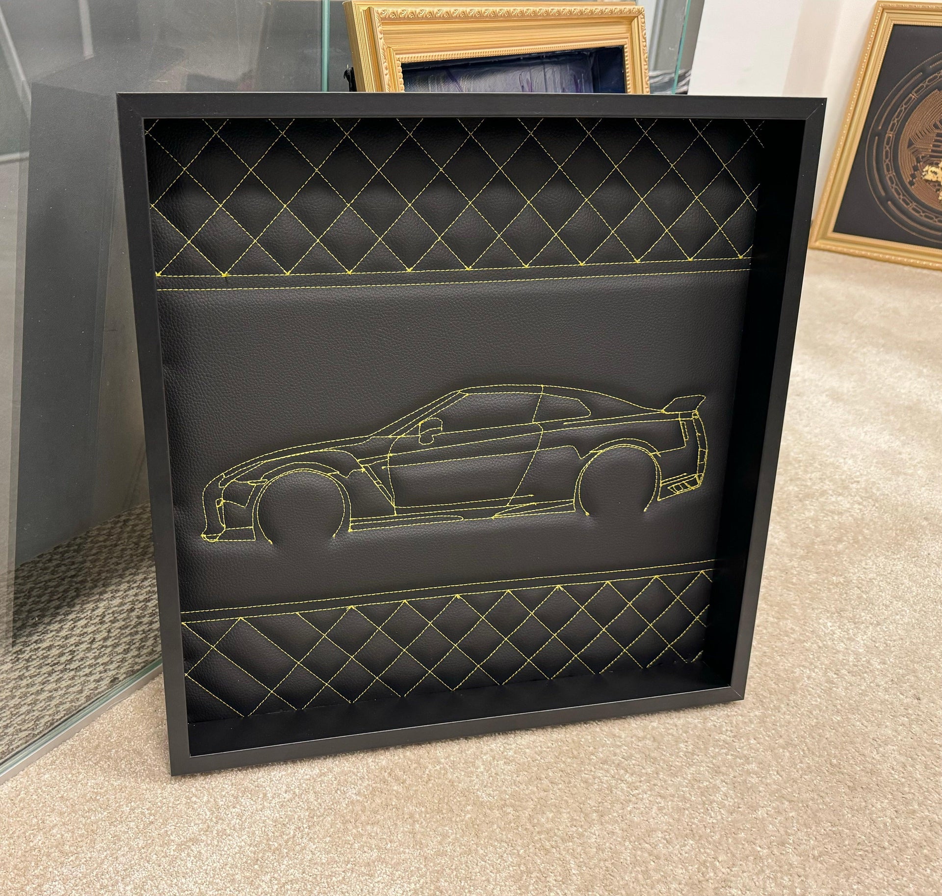 Black Leather Nissan GTR Inspired Wall Art: Embroidered Yellow Stitch Luxury Decor - AutoWin