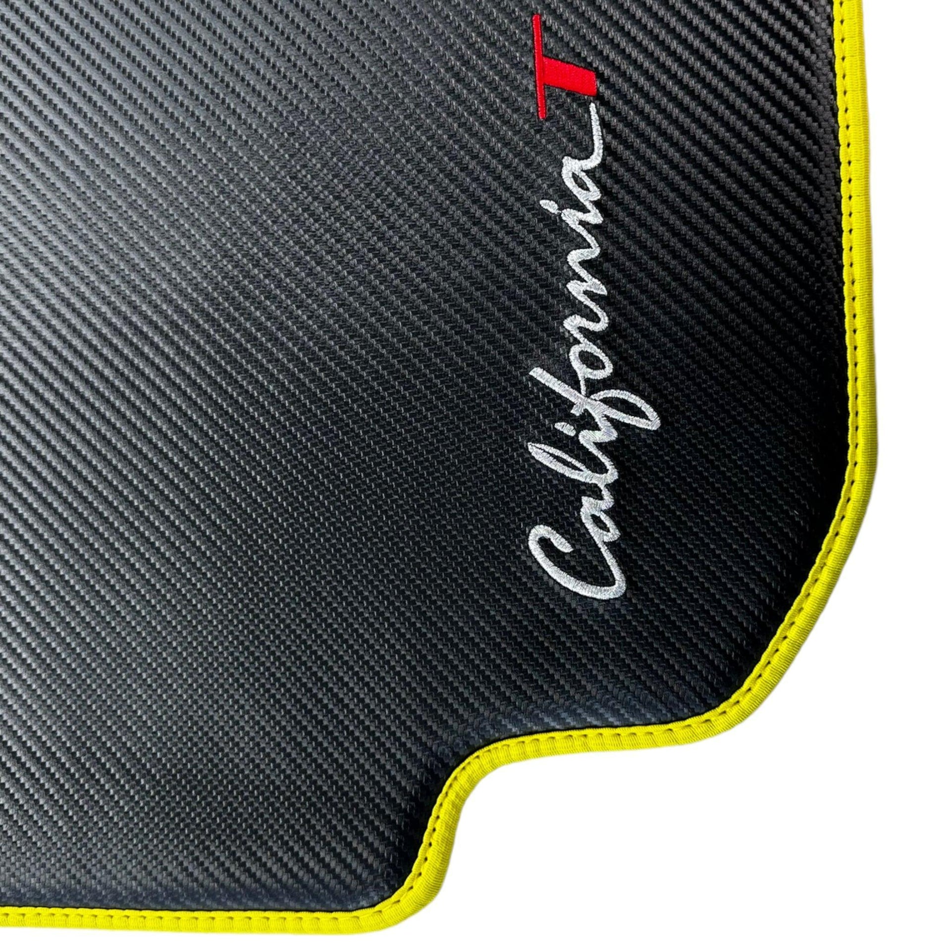Carbon Fiber Leather Floor Mats For Ferrari California T (2015-2018) with Yellow Trim - AutoWin