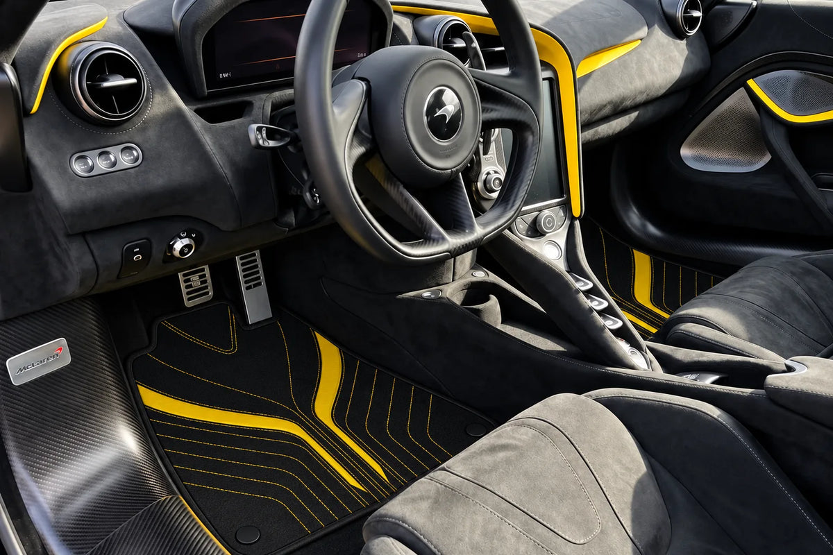 Customizable Leather Floor Mats with AW32 Pattern for McLaren 750S (2023-2025) inside the vehicle