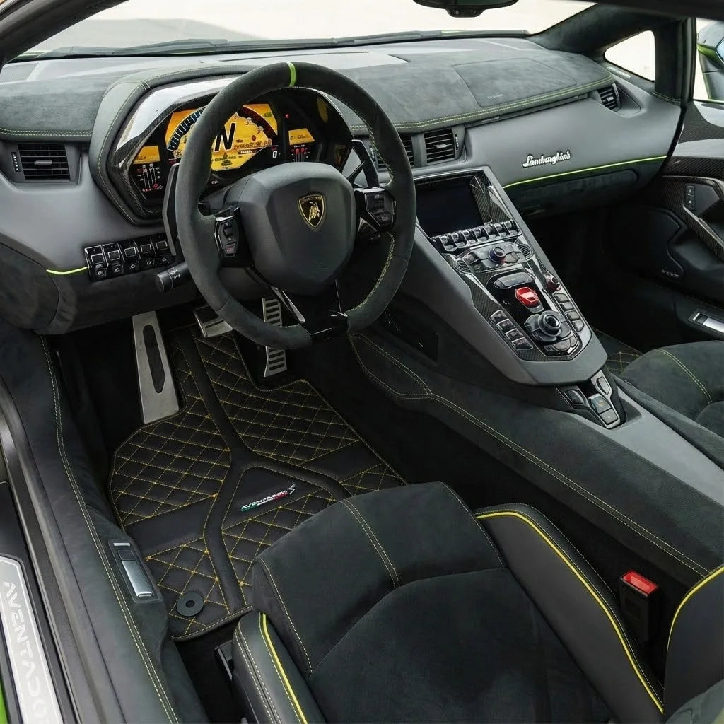 Interior look of floor mats for Lamborghini Aventador S | Yellow Stitching
