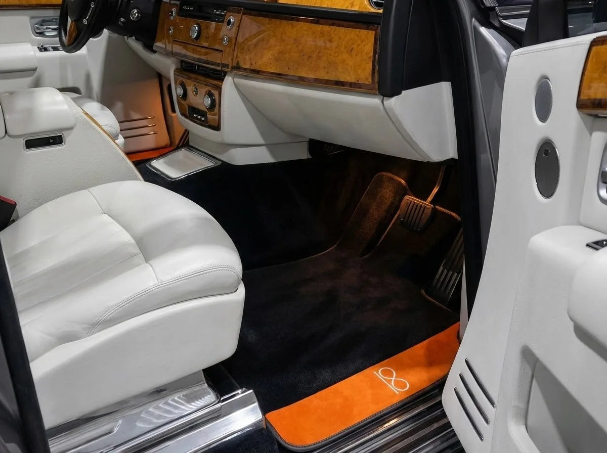 Interior look of floor mats for Rolls Royce Black Badge Phantom VIII (2017-2024) Orange Alcantara