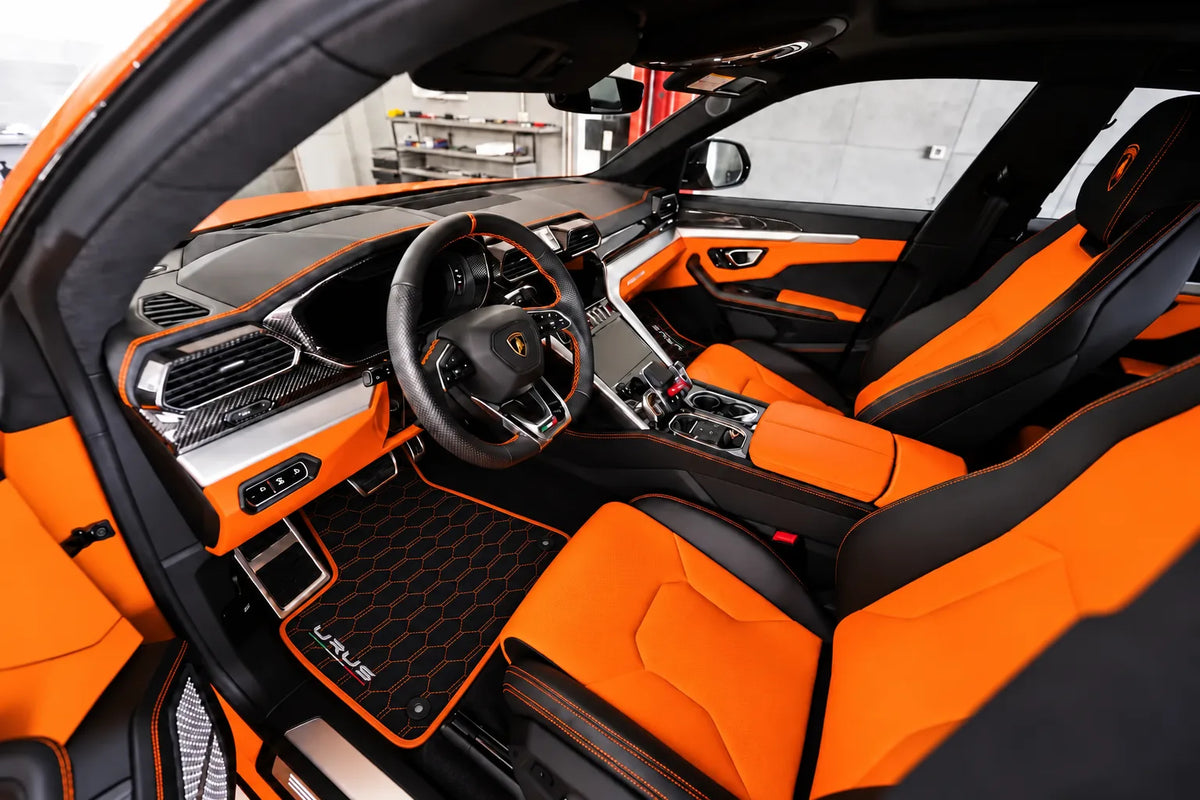 Orange Stitching Black Leather Floor Mats for Lamborghini Urus with Interlaced Hex | Full Set Option inside the vehicle