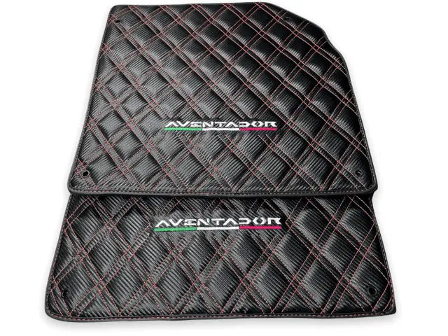 Floor Mats for Lamborghini Aventador Carbon Fiber Leather Red Stitching - AutoWin