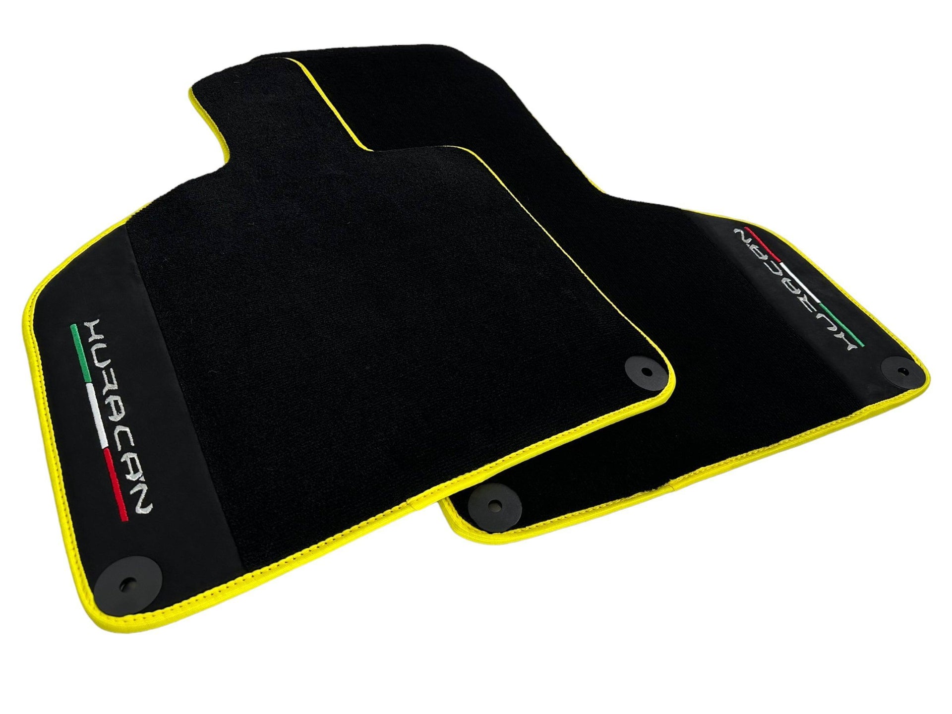Black Floor Mats for Lamborghini Huracan With Alcantara Leather Yellow Trim - AutoWin