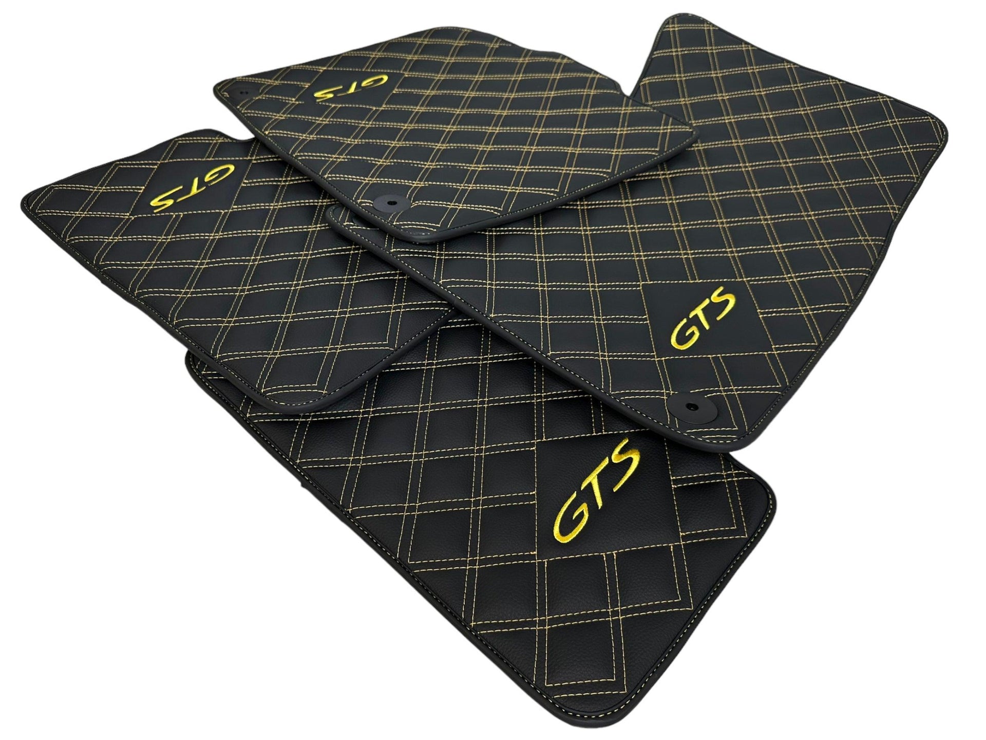 Black Leather Floor Mats for Porsche Macan GTS Yellow Sewing - AutoWin