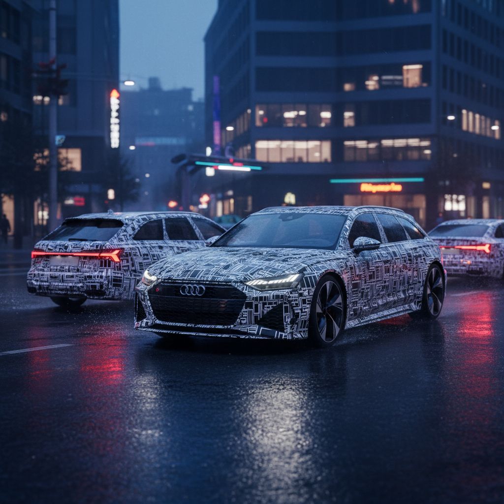 Editorial, photo-realistic HERO for an automotive daily news article titled "Audi RS6 E-Tron Development Continues Amid Cancellation Rumors – Daily Ca