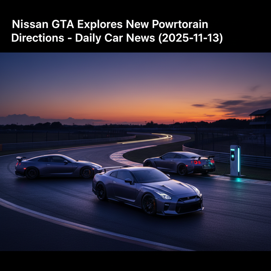 Editorial, photo-realistic HERO for an automotive daily news article titled "Nissan GT-R Explores New Powertrain Directions – Daily Car News (2025-11-