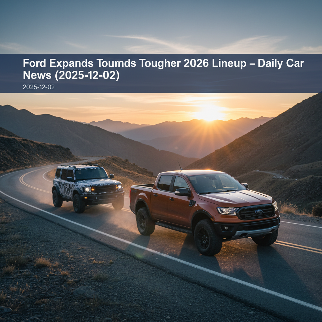 Editorial, photo-realistic HERO for an automotive daily news article titled "Ford Ranger Expands Tougher 2026 Lineup – Daily Car News (2025-12-02)". D