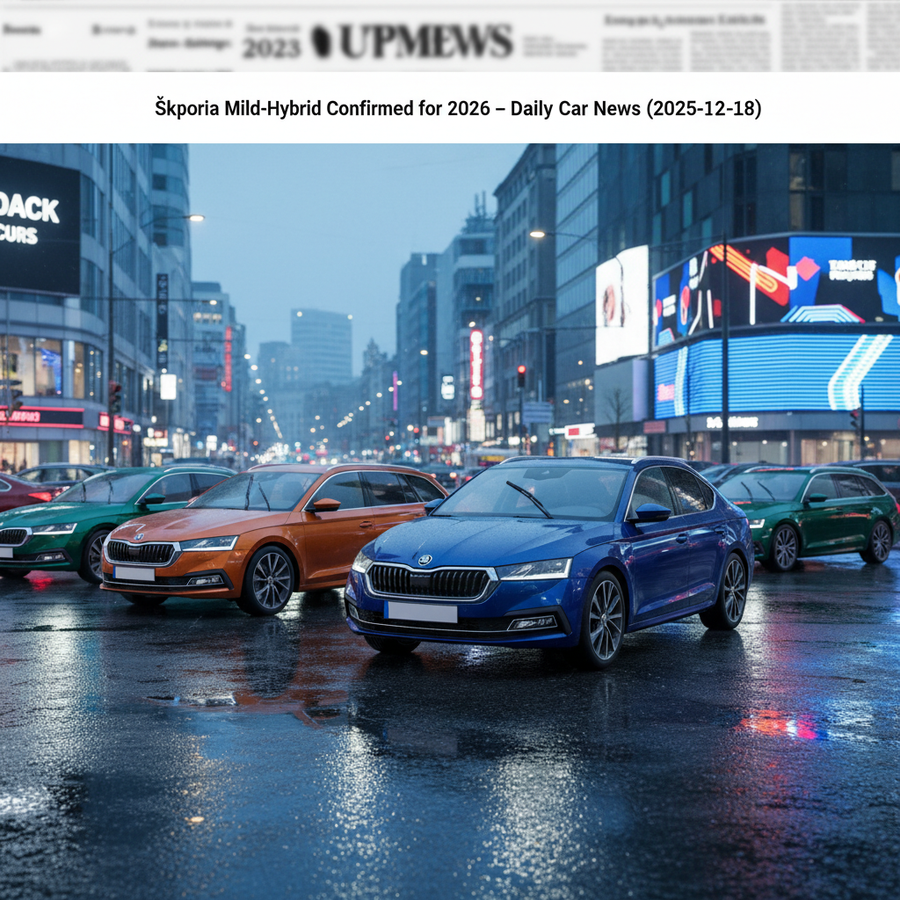 Editorial, photo-realistic HERO for an automotive daily news article titled "Skoda Octavia Mild-Hybrid Confirmed for 2026 – Daily Car News (2025-12-18