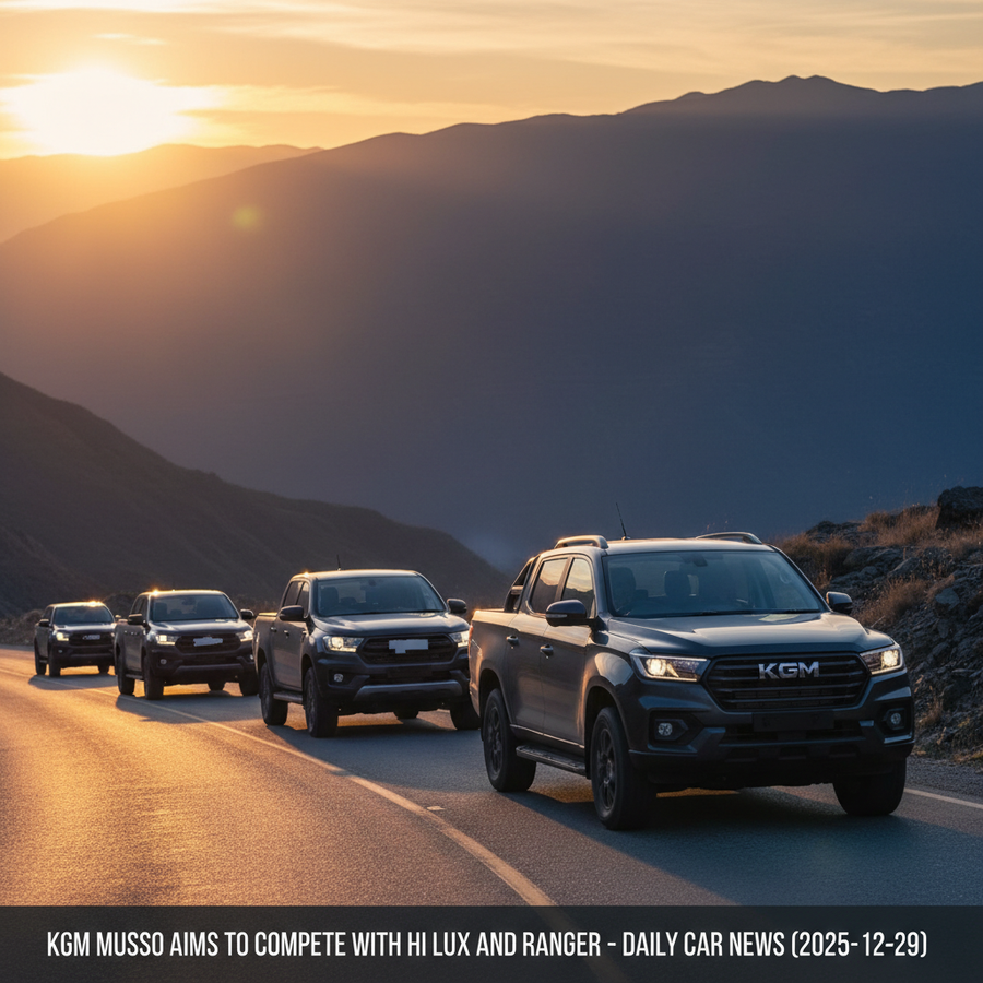 Editorial, photo-realistic HERO for an automotive daily news article titled "KGM Musso Aims to Compete with HiLux and Ranger – Daily Car News (2025-12