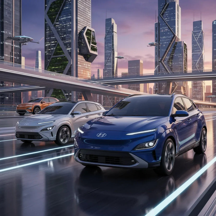 Editorial photo-realistic HERO image for automotive news (2026-01-29). Feature Hyundai vehicles specifically Kona. Scene: A futuristic cityscape showc