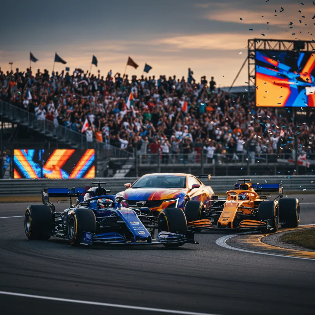 Editorial photo-realistic HERO image for automotive news (2026-02-09). Feature Cadillac vehicles specifically F1 Race Car. Scene: A dynamic race track