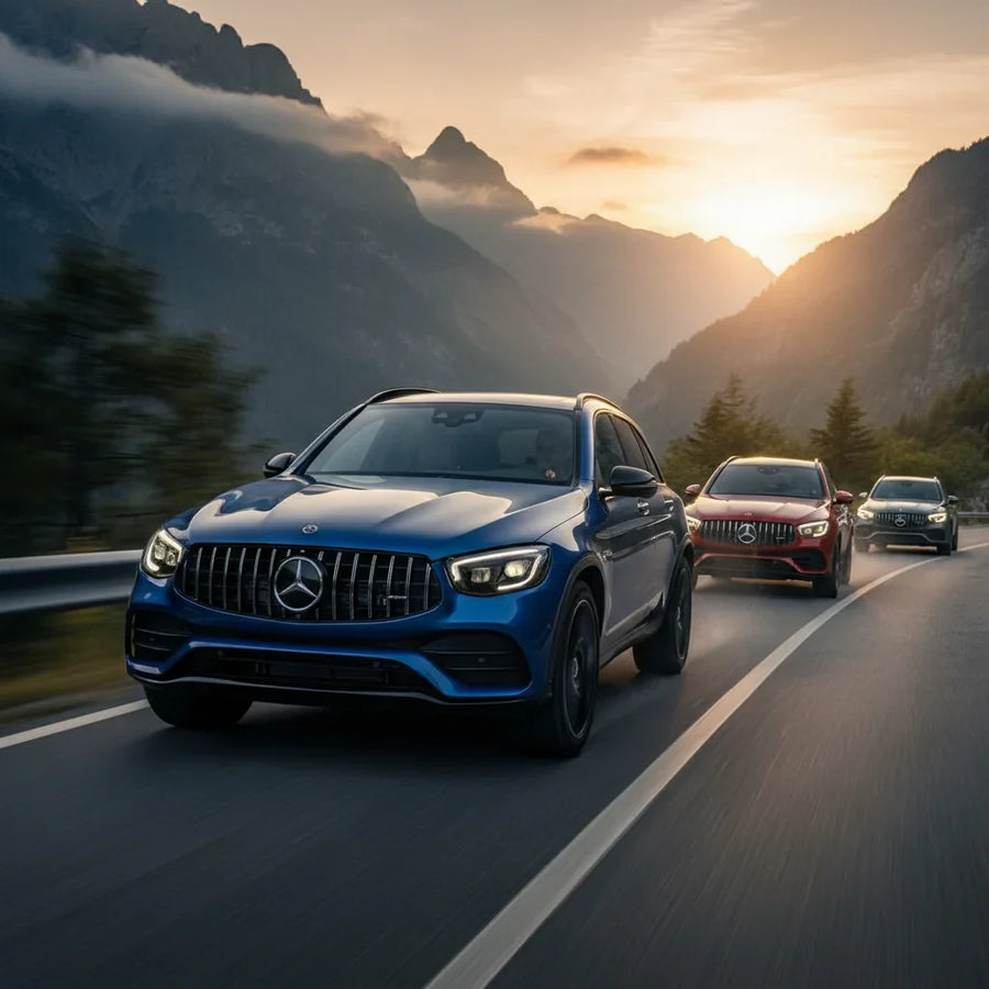 Editorial photo-realistic HERO image for automotive news (2026-02-11). Feature Mercedes-AMG vehicles specifically GLC53. Scene: The new Mercedes-AMG G
