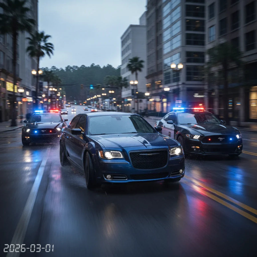 Editorial photo-realistic HERO image for automotive news (2026-03-01). Feature Chrysler and Ford vehicles specifically Chrysler 300, Ford Mustang. Sce
