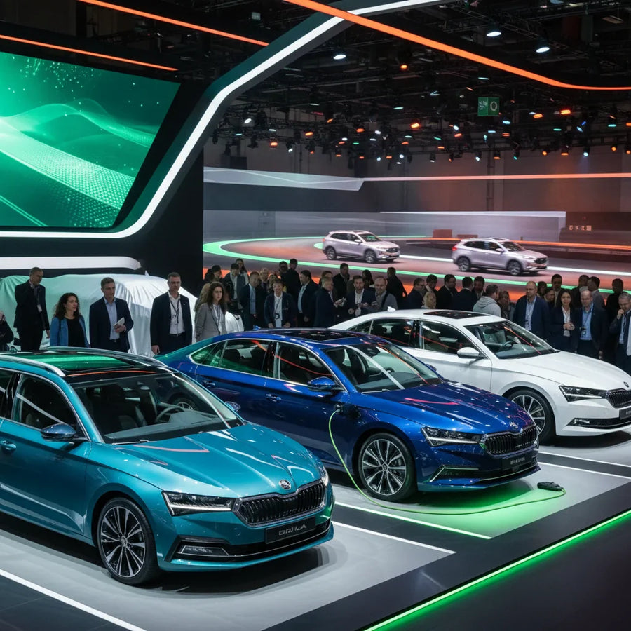 Editorial photo-realistic HERO image for automotive news (2026-03-05). Feature Skoda and BYD vehicles specifically Octavia Hybrid, Seal 6 Touring, Sup