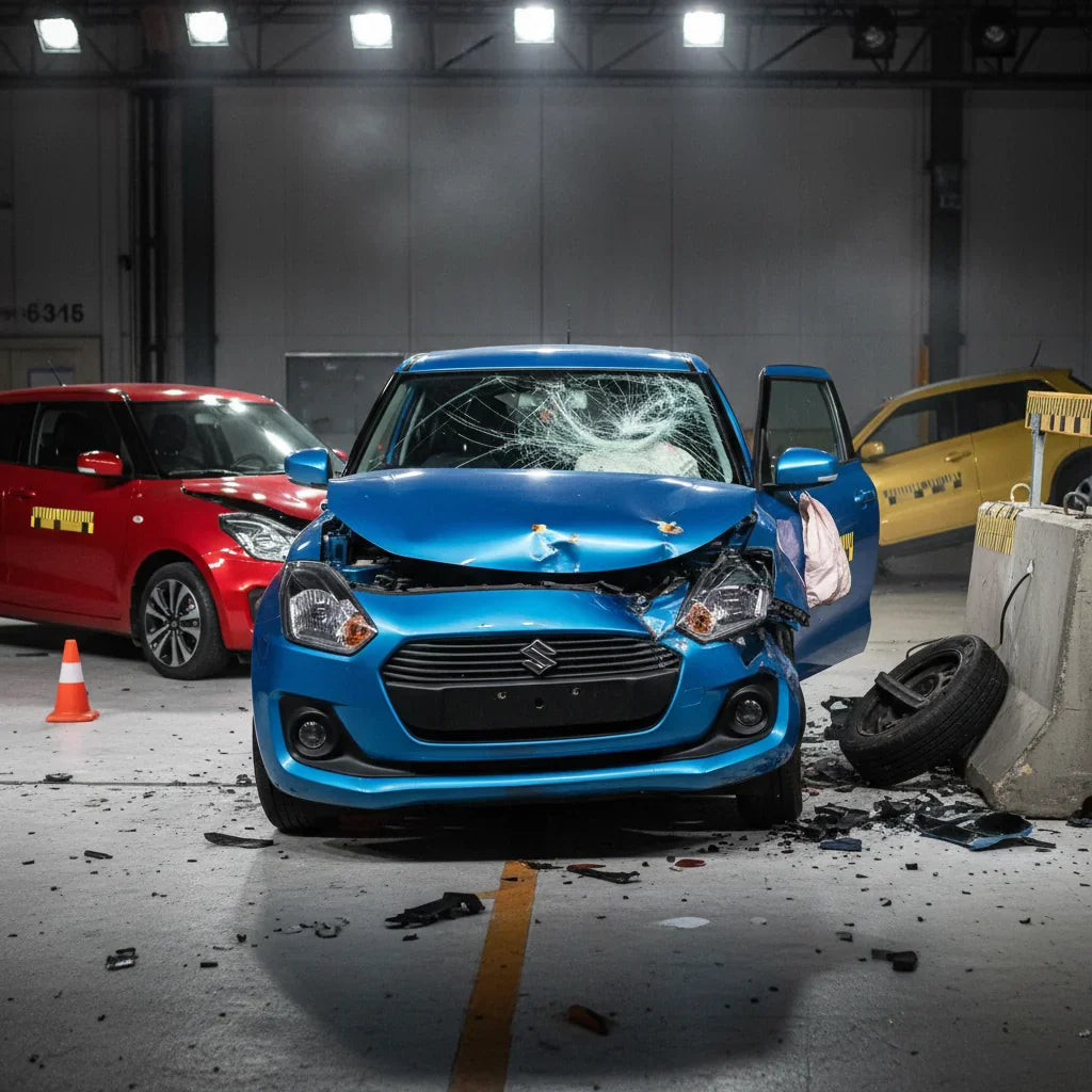 Editorial photo-realistic HERO image for automotive news (2026-03-11). Feature Suzuki vehicles specifically Swift. Scene: A dramatic image of a Suzuki