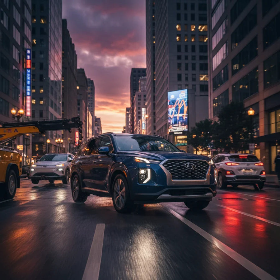 Editorial photo-realistic HERO image for automotive news (2026-03-15). Feature Hyundai vehicles specifically Palisade. Scene: A dramatic side view of 