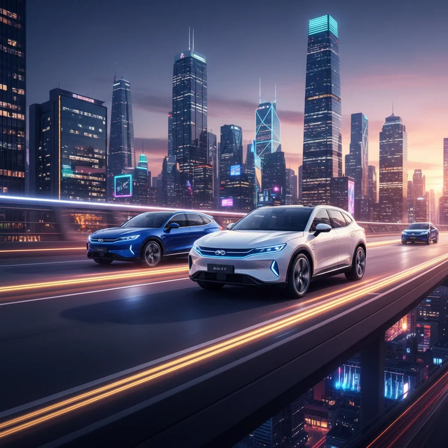 Editorial photo-realistic HERO image for automotive news (2026-04-01). Feature GAC vehicles specifically Aion UT. Scene: A sleek GAC Aion UT driving t