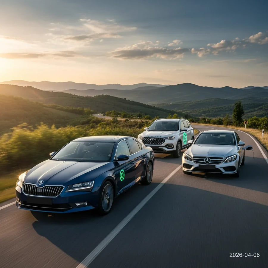 Editorial photo-realistic HERO image for automotive news (2026-04-06). Feature Skoda and Mercedes and Chery vehicles specifically Skoda Superb PHEV, M