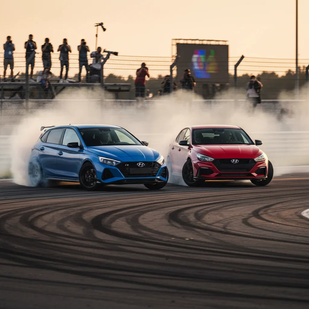 Editorial photo-realistic HERO image for automotive news (2026-05-04). Feature Hyundai vehicles specifically i20 N, i30 N. Scene: A thrilling farewell
