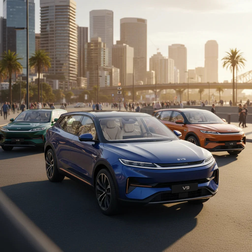 Editorial photo-realistic HERO image for automotive news (2026-05-14). Feature BYD vehicles specifically V9. Scene: The BYD V9 parked prominently in f