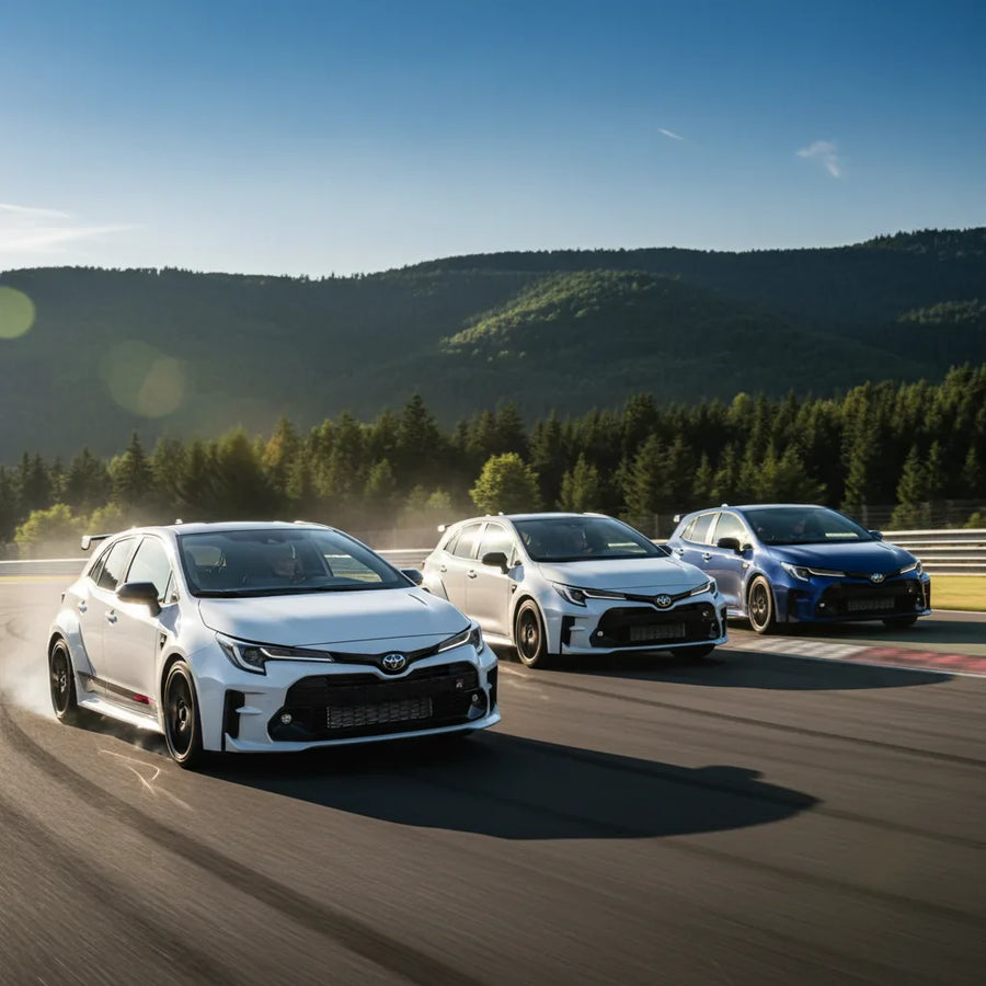 Editorial photo-realistic HERO image for automotive news (2026-06-02). Feature Toyota vehicles specifically GR Corolla, GRMN Corolla. Scene: The new T