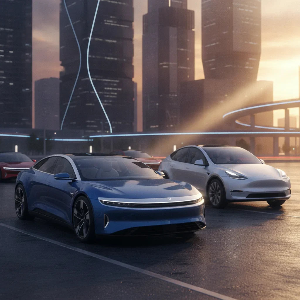 Editorial photo-realistic HERO image for automotive news (2026-06-17). Feature Lucid vehicles specifically Cosmos. Scene: A sleek Lucid Cosmos parked 