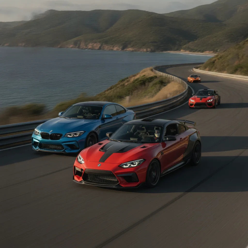 Editorial photo-realistic HERO image for automotive news (2026-06-21). Feature Ariel and BMW vehicles specifically Atom 4RR, M2 CS. Scene: A high-spee
