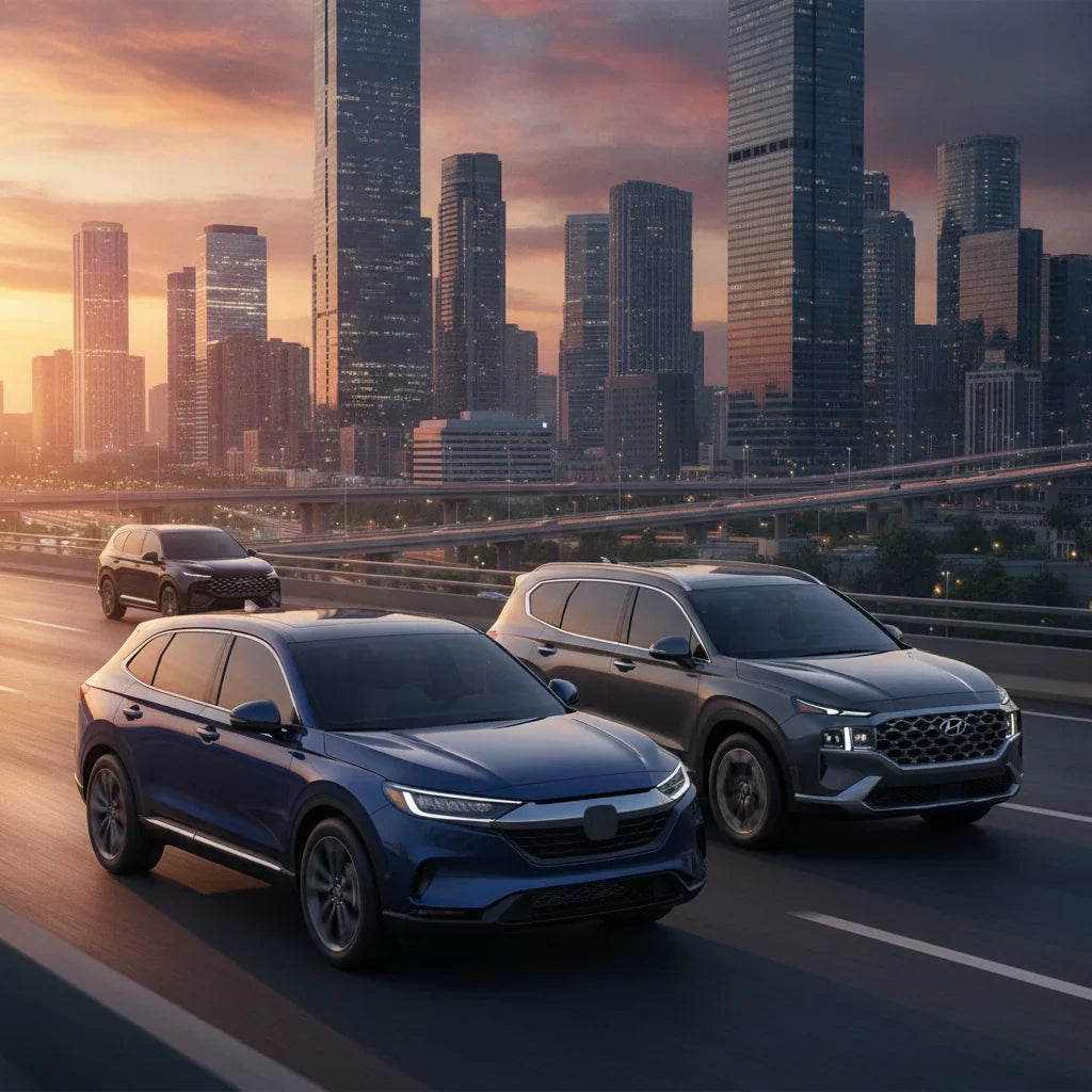 Editorial photo-realistic HERO image for automotive news (2026-06-23). Feature Honda and Hyundai vehicles specifically new rival SUV, Hyundai Santa Fe