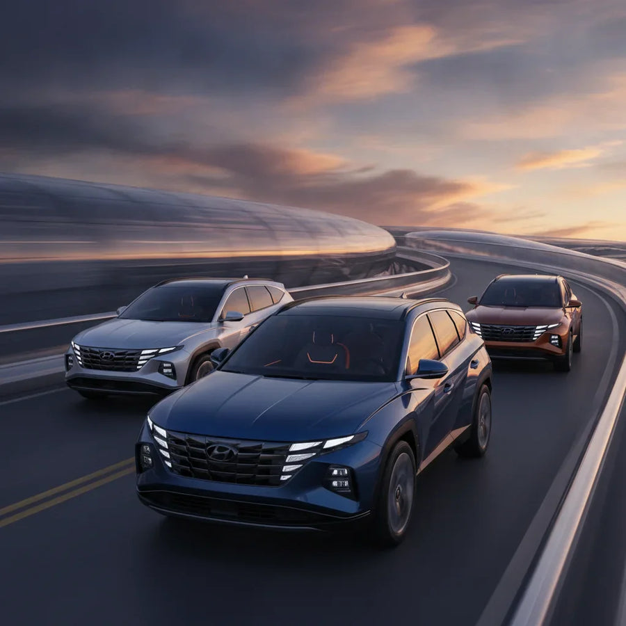 Editorial photo-realistic HERO image for automotive news (2026-07-07). Feature Hyundai vehicles specifically 2027 Hyundai Tucson. Scene: A sleek, mode