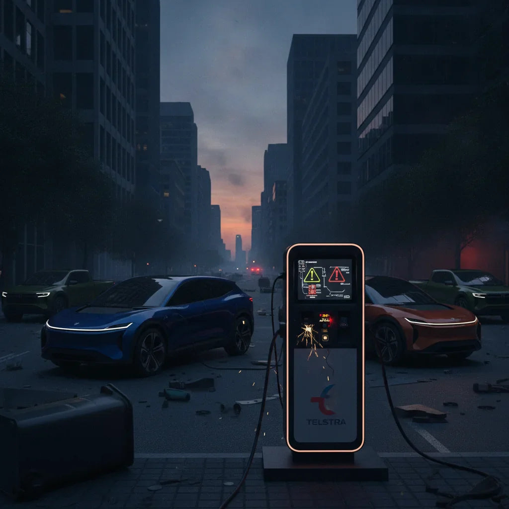Editorial photo-realistic HERO image for automotive news (2026-07-09). Feature Telstra vehicles specifically EV Charger. Scene: A cityscape affected b
