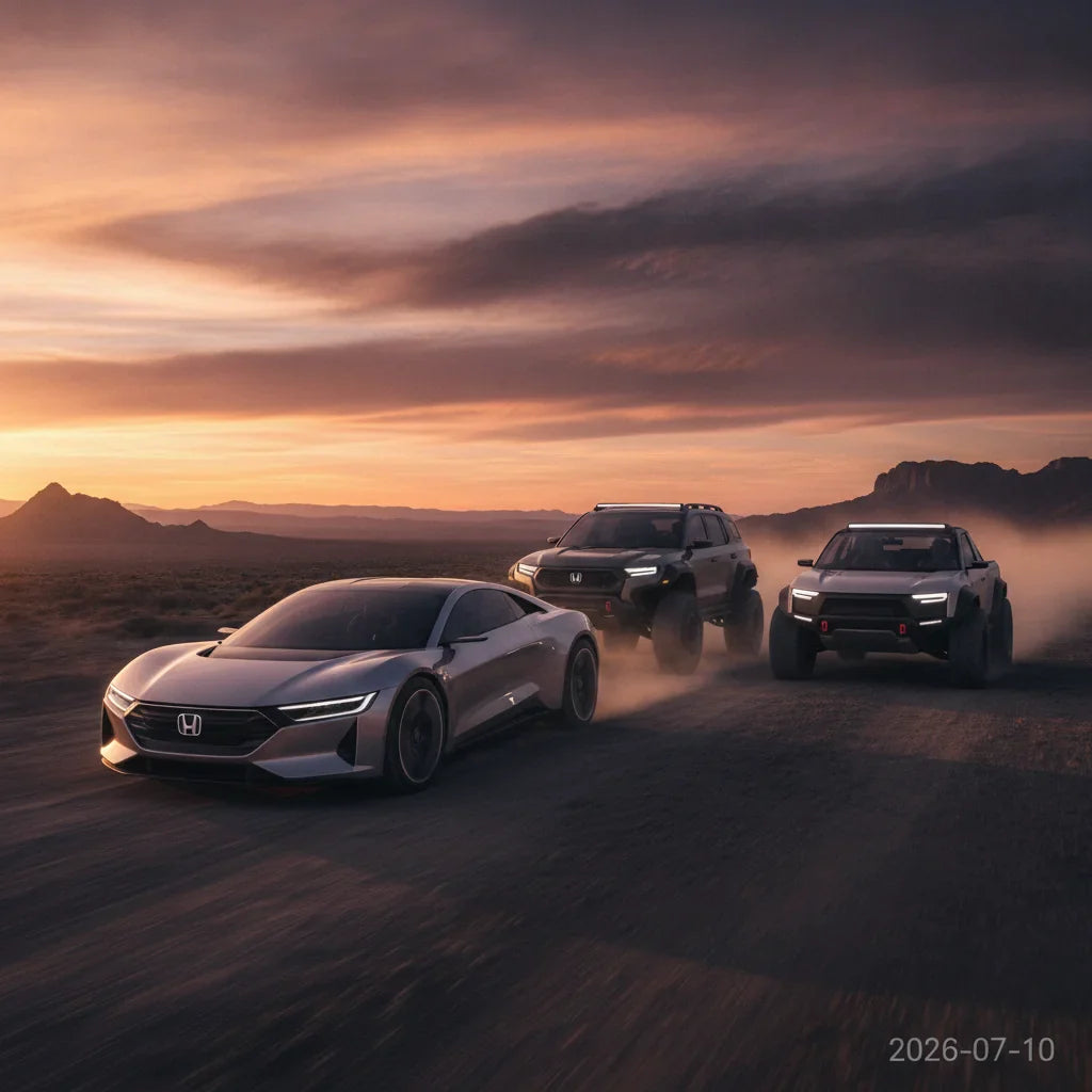 Editorial photo-realistic HERO image for automotive news (2026-07-10). Feature Honda vehicles specifically upcoming EVs, SUVs, ute. Scene: A dynamic o