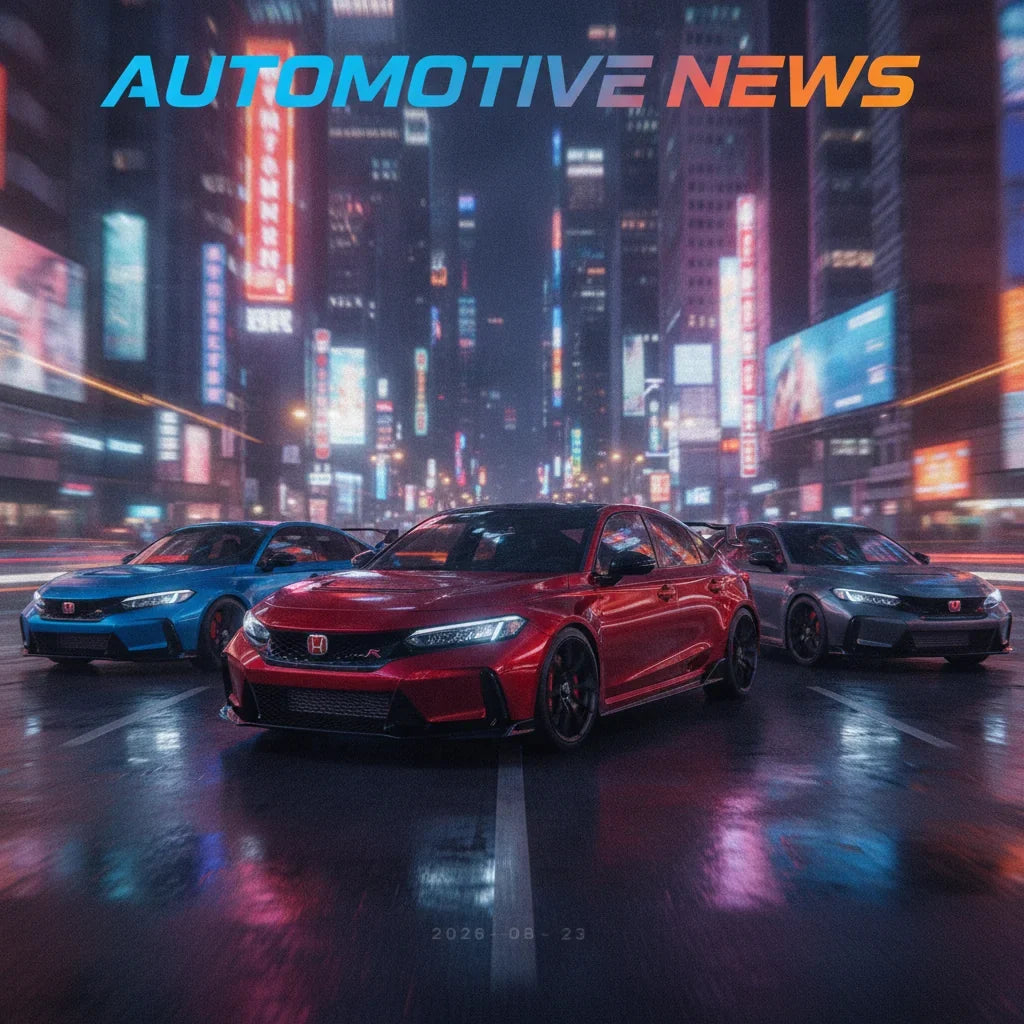 Editorial photo-realistic HERO image for automotive news (2026-08-23). Feature Honda vehicles specifically Civic Type R. Scene: A sleek Honda Civic Ty