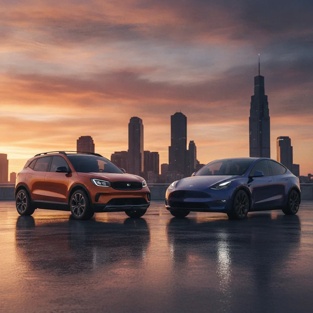 Editorial photo-realistic HERO image for automotive news (2026-09-18). Feature Smart and Tesla vehicles specifically Smart #5, Model Y. Scene: A sleek