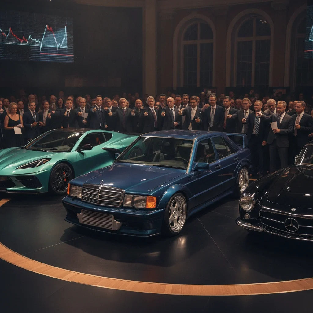 Editorial photo-realistic HERO image for automotive news (2026-10-10). Feature Callaway and Mercedes vehicles specifically Mercedes 190E Turbo. Scene: