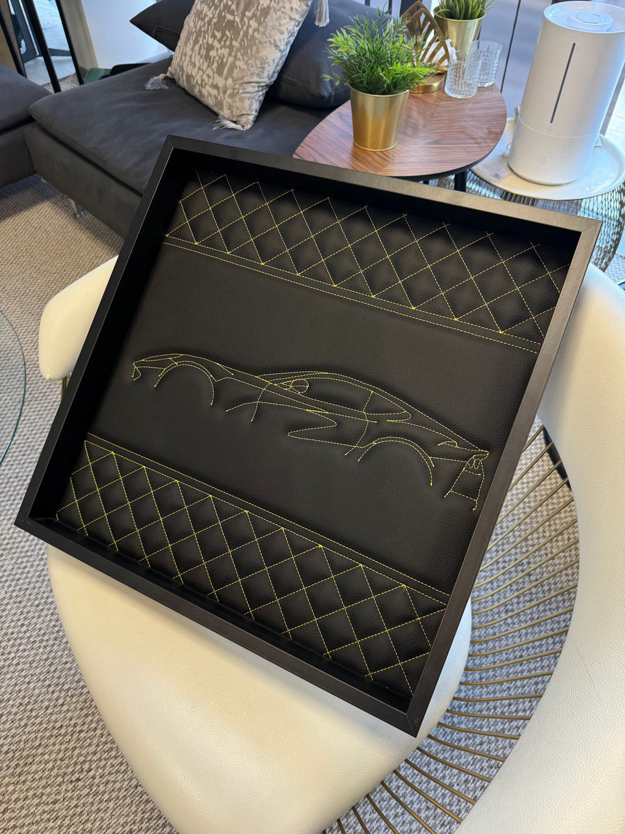 Black Leather Inspired Wall Art: Embroidered Yellow Stitch Luxury Decor